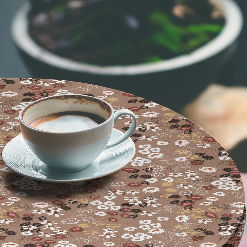 East Urban Home Brown Floral Fitted Round Tablecloth Pale Taupe White and Umber, 51.97" Round