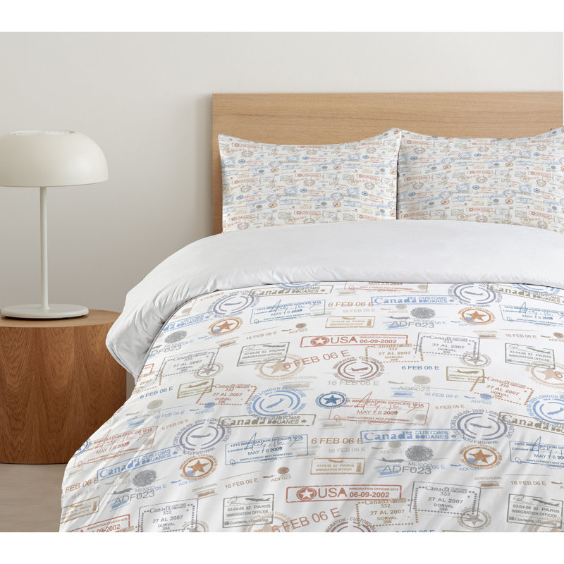 Ivory Orange Vintage Travel Stamps Queen Duvet Cover Set