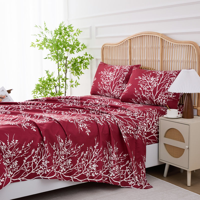 Ensemble de draps en microfibre Foliage, Bourgogne/Ivoire, Drap pour taille de lit double avec drap-housse et