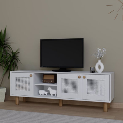 Meuble télé moderne blanc avec plusieurs tablettes, design scandinave, 63,0 x 22,0 x 15,8 pouces | 100% panneau de particules enduit de mélamine, épaisseur: 0,7 pouce | Fixation murale pour des solutions peu encombrantes, élégantes et fonctionnelles