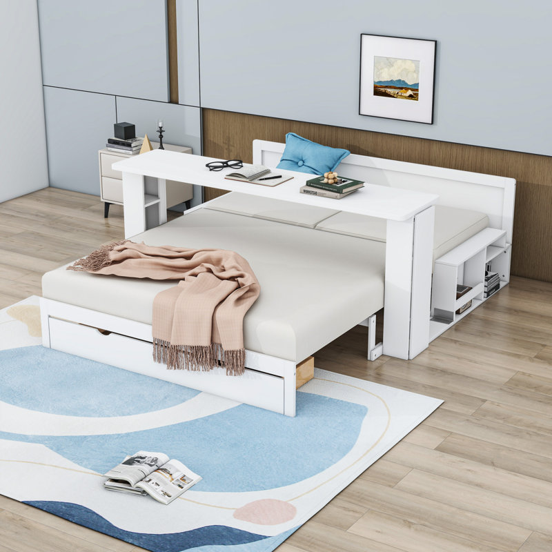 Lit de jour à 2 tiroirs avec bureau amovible et tablettes latérales, Grand lit, Blanc