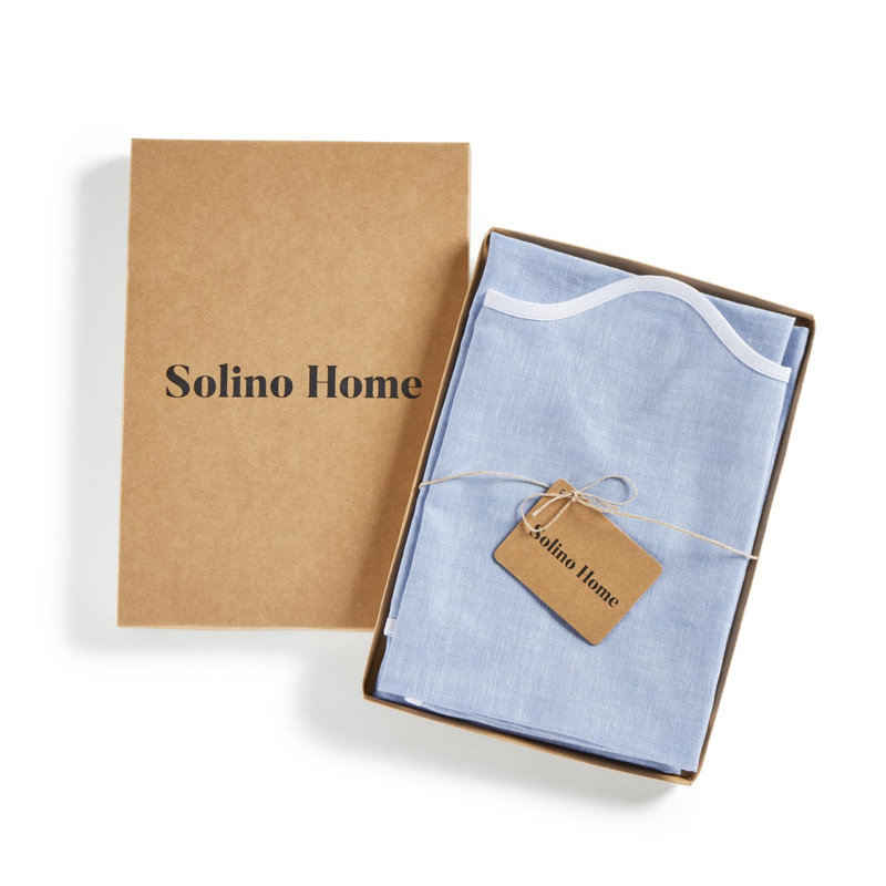 Giselle Scallop Edge - 100% Pure Linen Dinner Napkins, 20 Inch Round, White/Chambray Blue