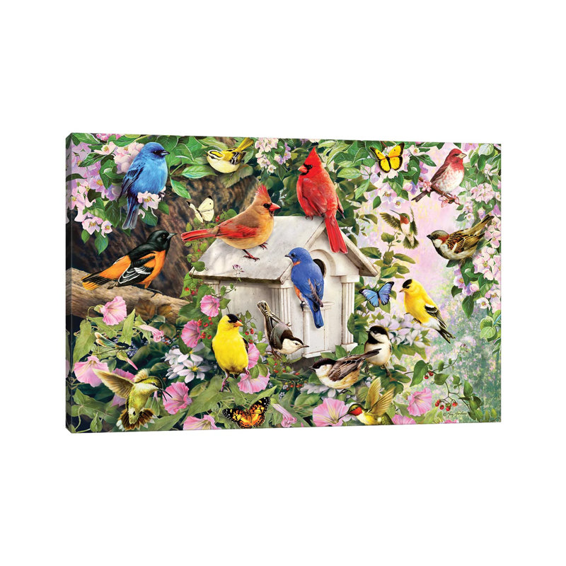 Birds At Birdhouse - Wrapped Canvas Painting, 20.32 cm H x 30.48 cm W