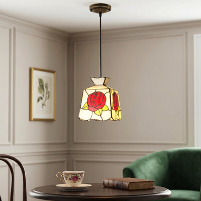 1 - Light Vintage Tiffany Rose Stained Glass Single Pendant (Bulb Include)
