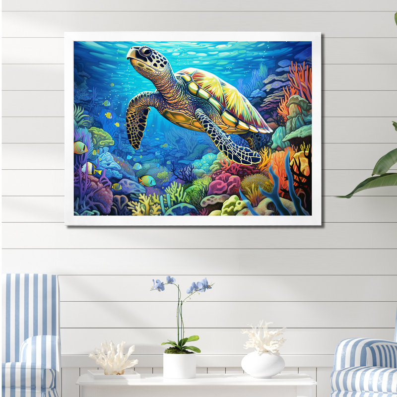 «Blue Sea Turtle World» - art mural corail sous l'eau, H 12 po x l 20 po x P 1 po, Cadre blanc