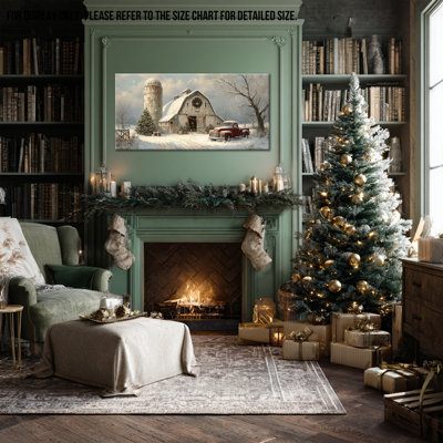 Large Winter Painting Canvas Wall Art - Vintage Christmas Prints, Winter Scene Pictures Wall Decor for Living Room, Christmas Artwork Farmhouse Wall Art for Home Pine Frame Wrapped Canvas Prints, 24×48 inches