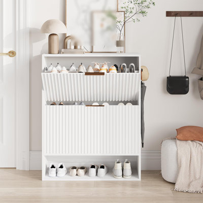 Space-Saving Slim Fluted Shoe Cabinet – 31.5'' Wide Narrow White Wooden Shoe Storage Organizer with 2 Turn over Drawers – Hidden Storage for Entryway, Hallway, or Foyer – White