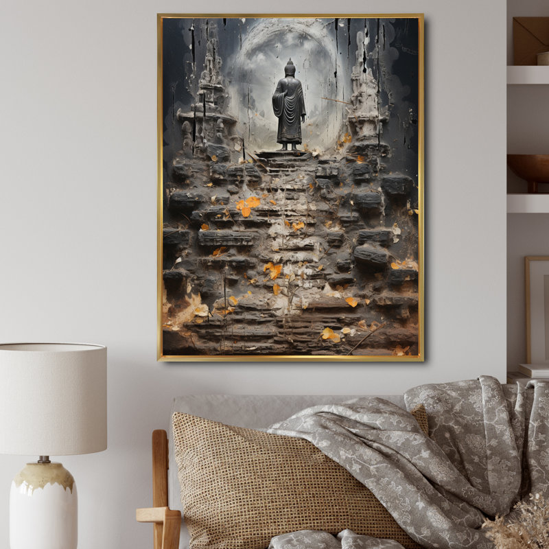 «Moffie Gray Buddhism Buddhas Footprints II», reproduction d'art sur toile, H 44 po x l 34 po x P 1,5 po, Cadre flottant doré