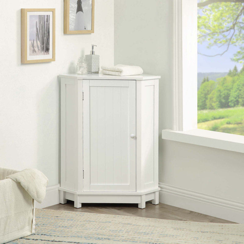 White Bathroom Cabinet Triangle Corner Storage Cabinet with Adjustable Shelf Modern Style MDF Board