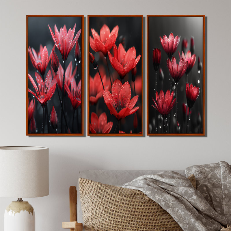 Monochromes rouges, noirs, pissenlits, gouttes de pluie, Brun, H 28 po x l 36 po, Impression encadrée flottante