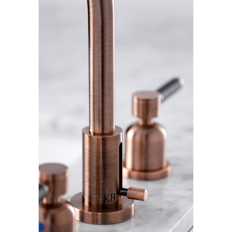 Kingston Brass Kaiser Two-Handle 3-Hole Deck Mount Widespread Bathroom Faucet with Brass Pop-Up Drain, Antique Copper