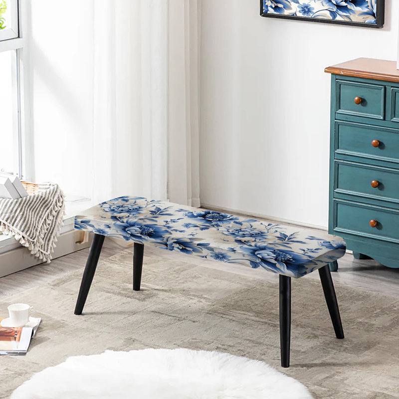Cobalt Blue Neo Classical Victorian Pattern - Floral Upholstered Black Bench