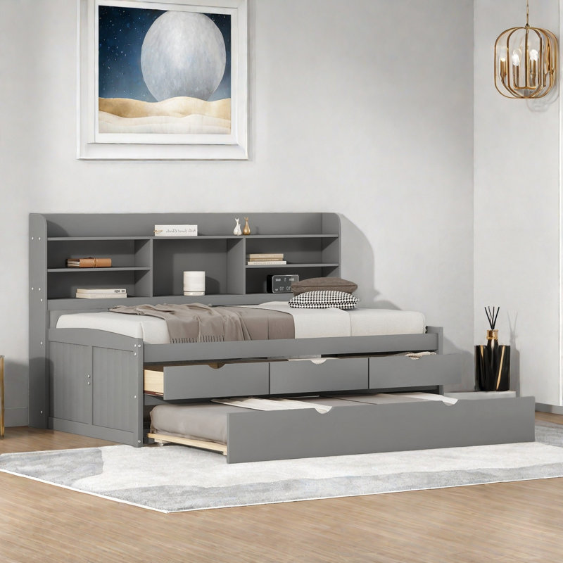 Lit de jour en bois avec tablettes intégrées, 3 tiroirs de rangement et lit gigogne, Gris