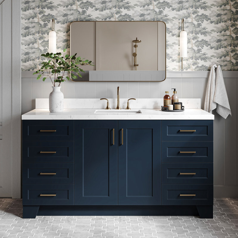 Ensemble de meuble-lavabo simple en bois massif 66 po Freitas, Forme rectangulaire, Bleu minuit, Quartz de Carrare