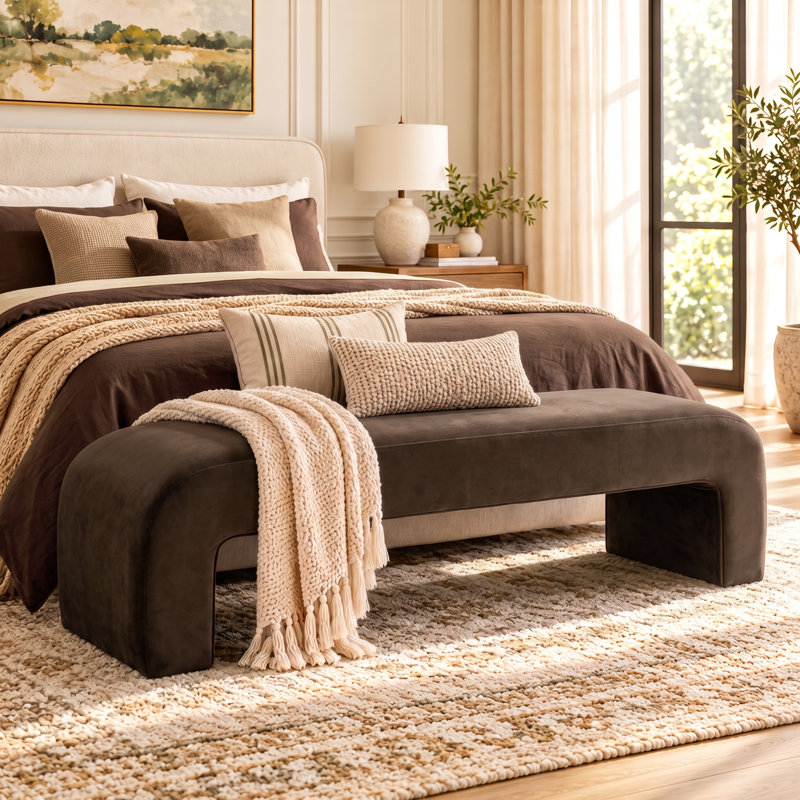 Floranda 60" Fully Velvet Upholstered Waterfall Entryway Bedroom Bench, Chocolate Brown
