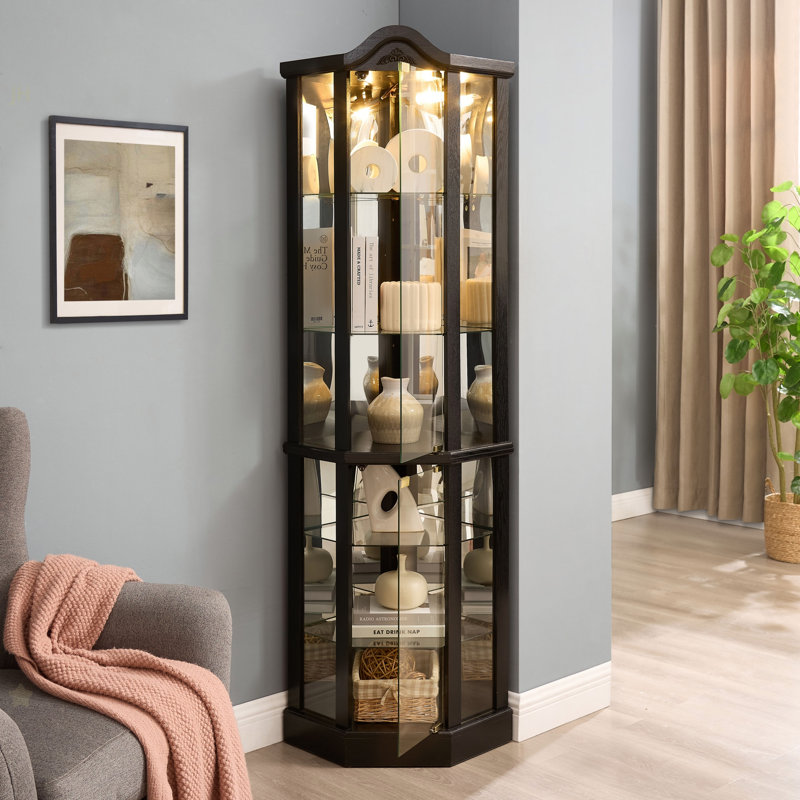 Lighted Glass Display Cabinet Corner Curio Cabinet With Adjustable Shelves Carved Cherry Decoration Wine Cabinet For Home Or Office Use-Black