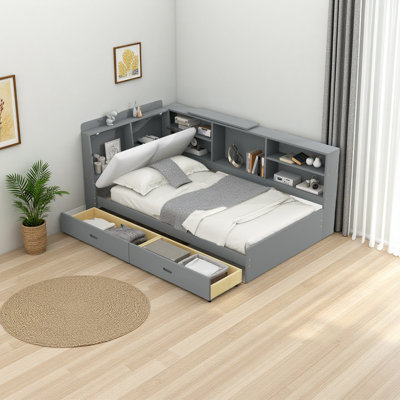 Wood Twin Size Platform Bed With Storage Headboard, Shelves And 2 Drawers