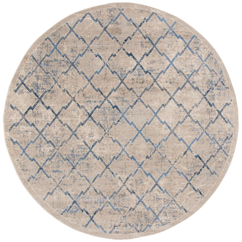 Cambrai Geometric Light Gray/Dark Blue Area Rug, Round 5'