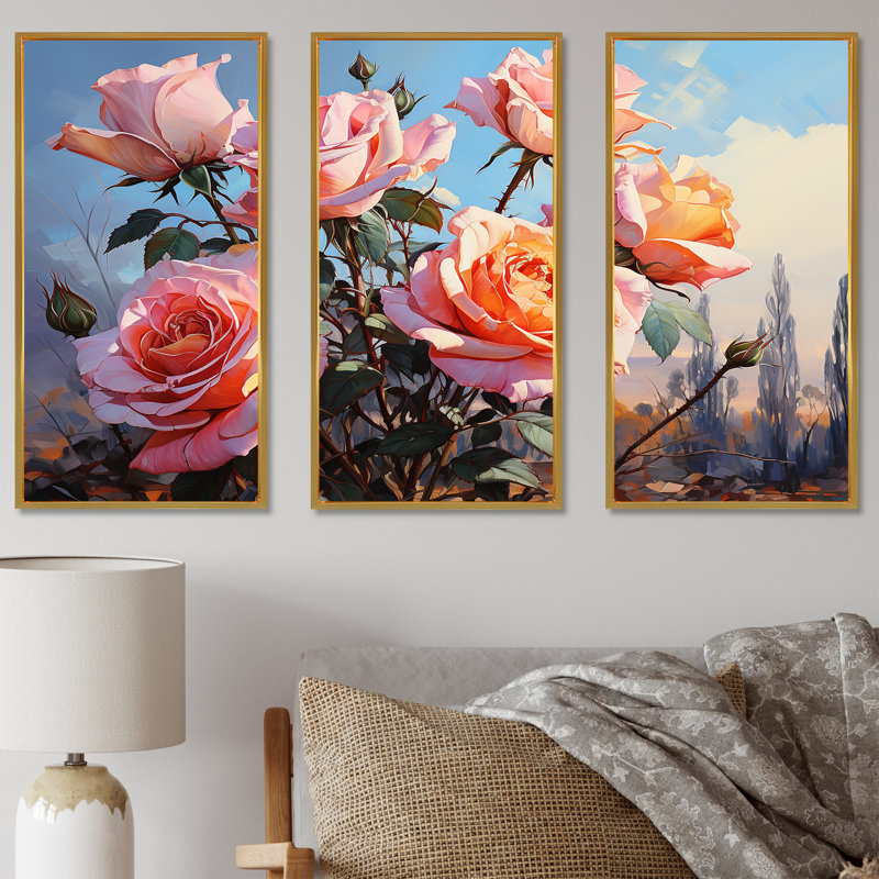 Minimalisme roses roses Dream II - ensemble de décorations murales roses, Cadre flottant doré, H 40 po x l 60 po x P 1 po