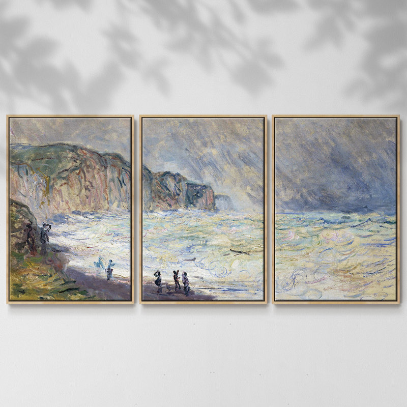 Monet - 3 pièces, reproduction encadrée sur toile, H 36 po x l 75 po x P 2 po, Naturel