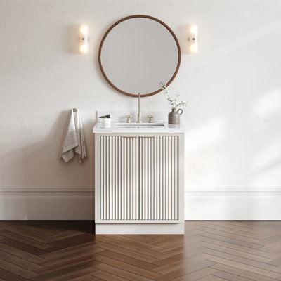 30'' Solid Wood Single Bathroom Vanity with 1.5'' White Quartz Top in Warm White, Rectangular Sink