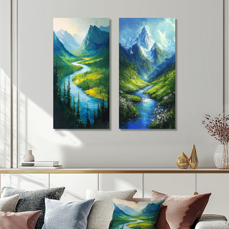 Mountain River Reflections In Rocky Mountains II - Landscapes Wall Art 2 Pieces Collection, Wrapped Canvasd, 28" H x 25" W