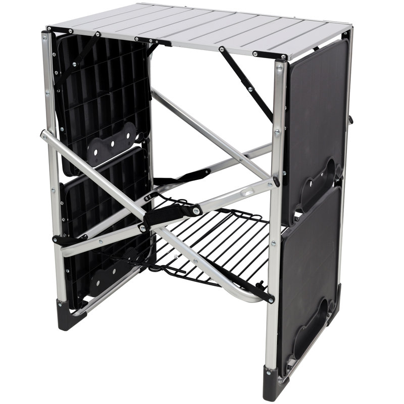 Station de cuisson portative pour l'extérieur, tables d'appoint multiples et support de rangement organisé, installation rapide et transport compact pour une utilisation extérieure en camping