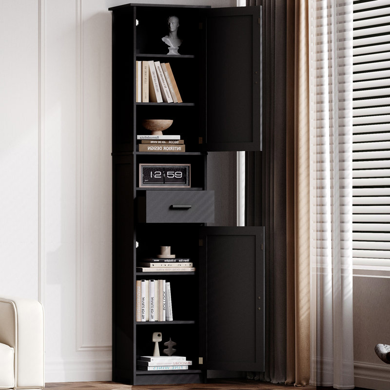 Armoire à linge avec portes solides et tablettes réglables, Noir