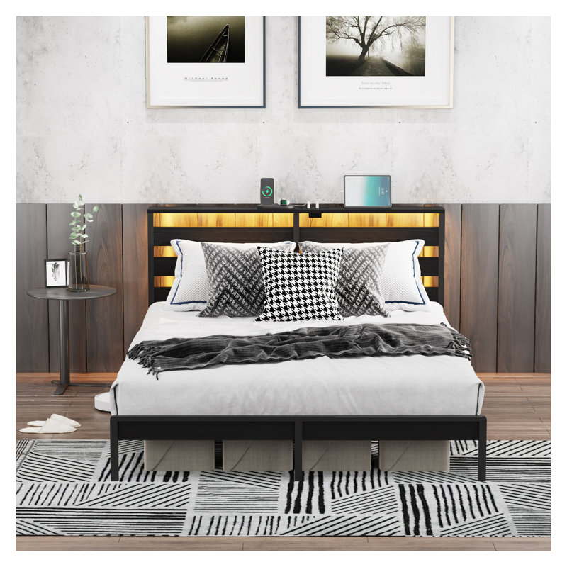 Base de lit plateforme pleine grandeur à DEL avec tête de chargement USB - Pas de sommier nécessaire avec rangement sous le lit, cadre de lit moderne noir avec tête et pied de lit en bois