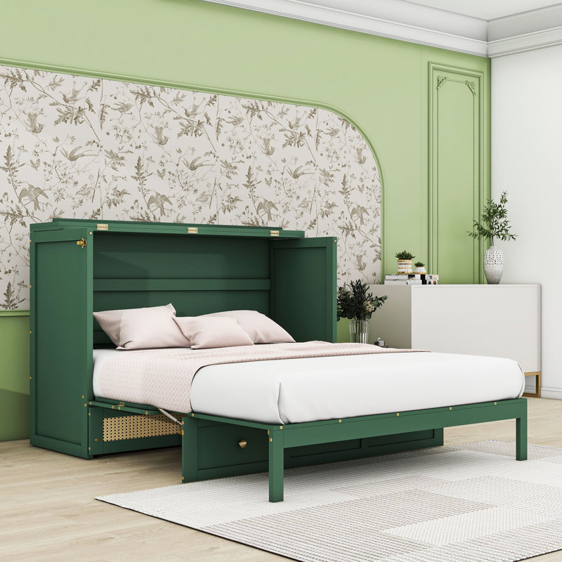 Lit escamotable en bois avec tiroirs, Grand, Vert