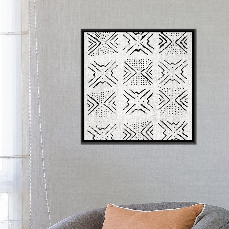 « mudcloth white geometric design v », reproduction d’impression sur toile, Toile encadrée noire, Pas de tapis