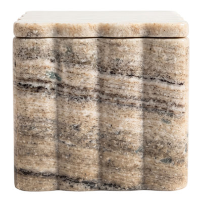 Boîte de rangement décorative carrée en marbre festonné avec couvercle pour la présentation de la maison - Boîte de rangement moderne pour décoration de chambre à coucher - 5 po, blanc et ivoire
