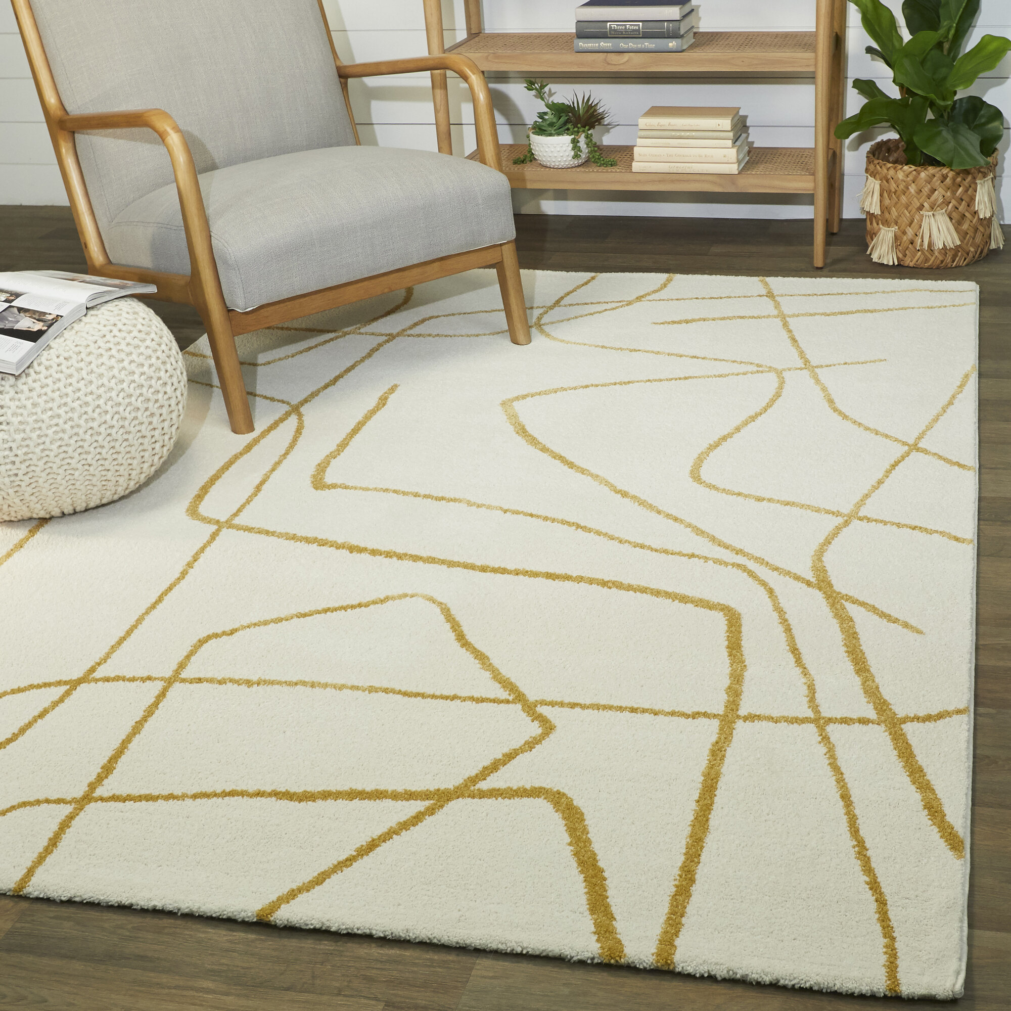 Blue Elephant Abstract Machine Woven Mustard Cream Area Rug