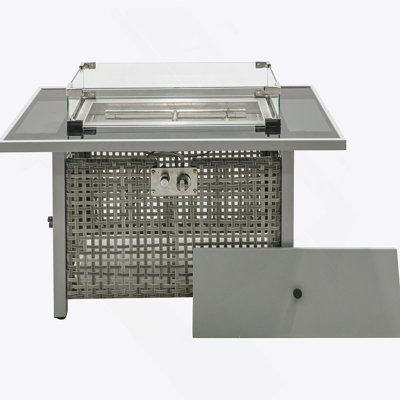 Foyer de table 43 po au gaz propane, foyer d'extérieur rectangulaire en osier à tissage ouvert de 60000 BTU avec pare-vent en verre pour terrasse extérieure - gris