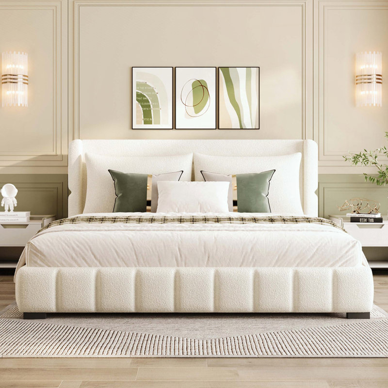 Grand lit plateforme tapissier avec 2 coussins, White, Queen