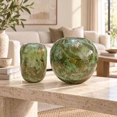 Ensemble de 2 vases de table en verre soufflé à la main, vert d'eau avec motif abstrait brun clair