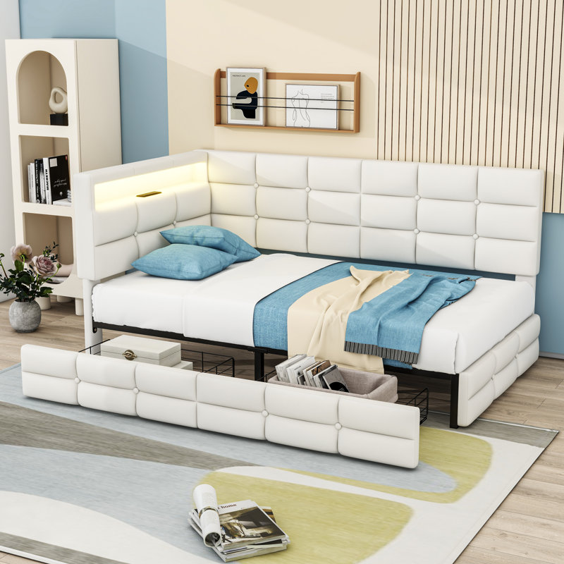 Twin Upholstered Daybed with Charging Station, LED Lights, and Storage Drawers, Beige