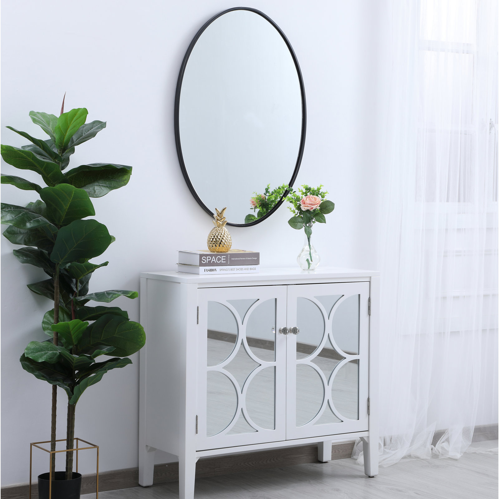 Sabine Metal Oval Wall Mirror, 24" H x 34" W, Black