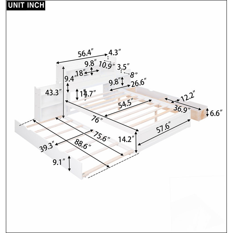 Lit plateforme avec rangement et tablettes coulissantes, lit gigogne simple et 2 tiroirs, Blanc