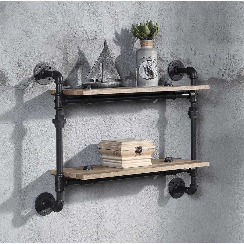 Étagère murale à 2 niveaux avec tube en métal, chêne et noir sableux, aspect de conduite d'eau, tablette de L 23 po, étagère de rangement de bureau de 12 po, design, Gap
