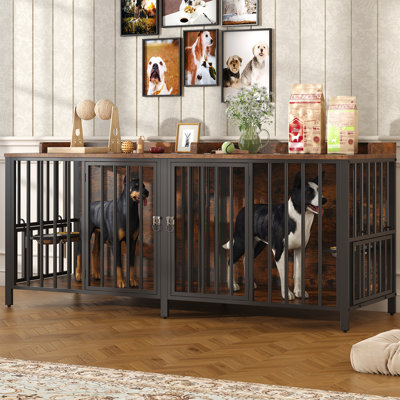 78 Inch Dog Crate For 2 Large Medium Dogs With Top Access Door & 360 Degree Rotatable Stainless Bowls