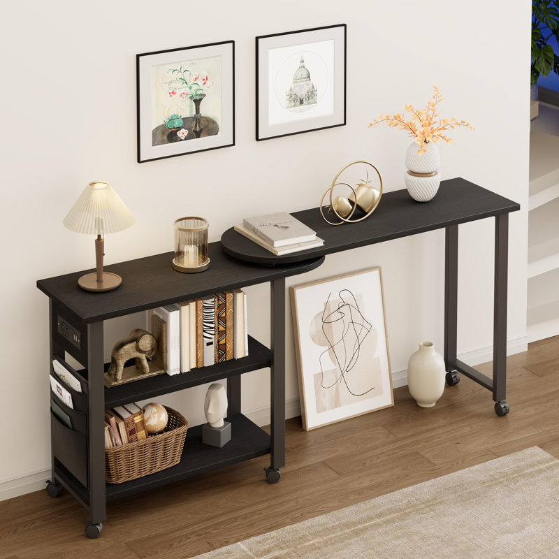 360° Rotating Side Table with Charging Station & Storage Bag, Swivel End Table with 6 Lockable Wheels for Living Room or Bedroom
