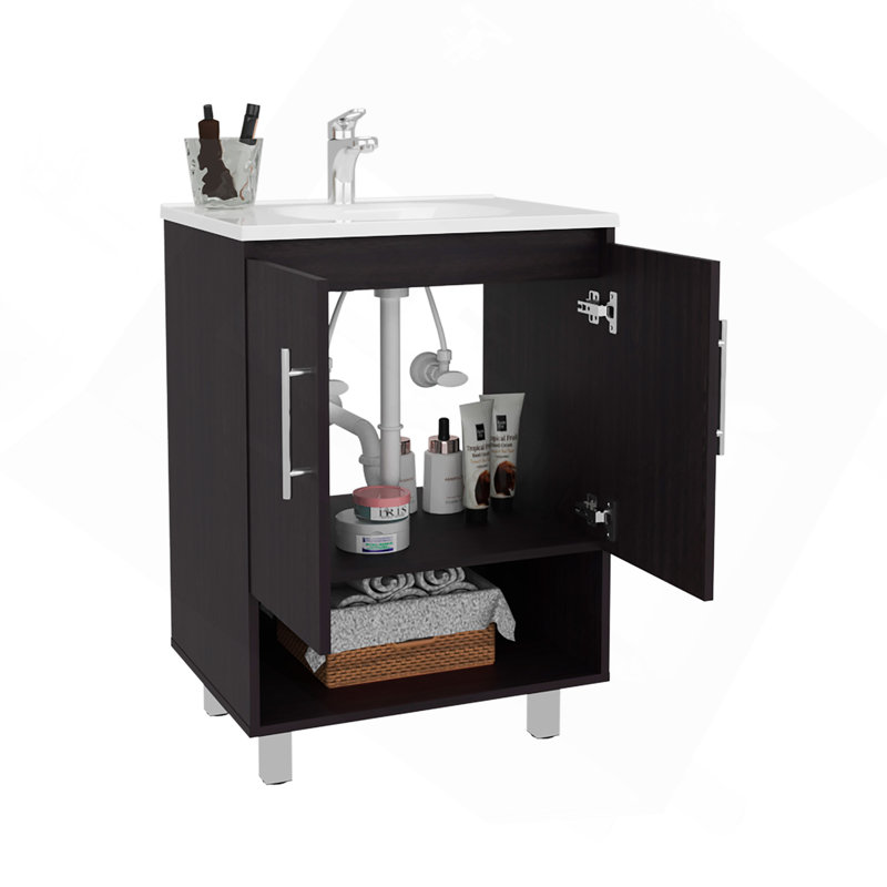 Meuble-lavabo autoportant en résine Conrad avec armoire à une porte et tablette ouverte Conrad