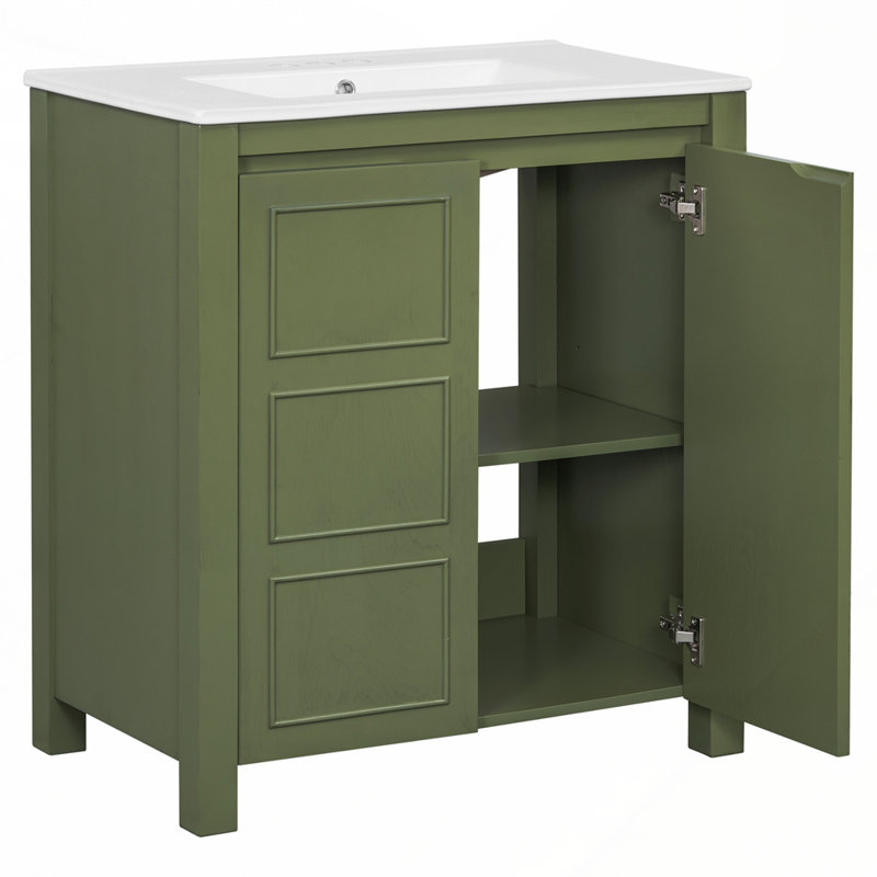 Meuble-lavabo de salle de bain avec lavabo en céramique et design rustique pour petits espaces, Vert olive