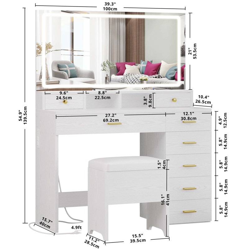 Modern Style 39.3"w 8 Drawers Vanity Desk With Led Mirror And Lights And Power Outlet, White