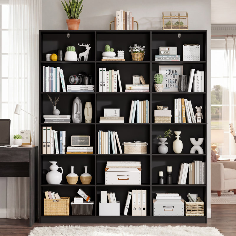 71.6" H |6 Tier Triple Wide Bookshelf Black Bookcase with 18 Open Display Shelves for Living Room Home Office Library, Black