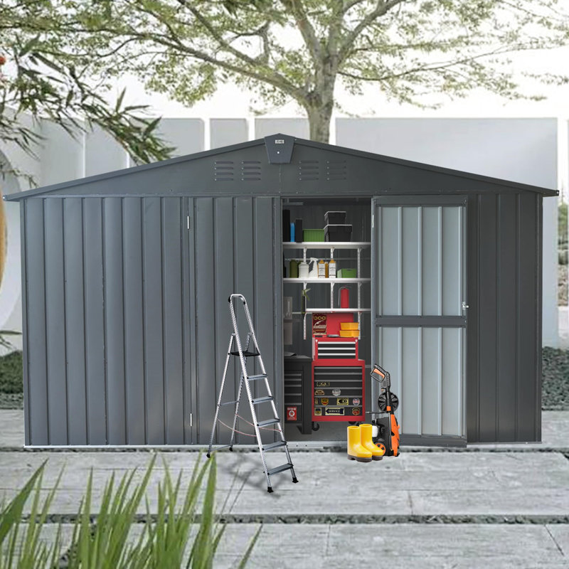 Remise de rangement en métal 11 pi x 12,5 pi, structure en acier galvanisé, fenêtres, porte verrouillable, contenant extérieur gris, serrure,