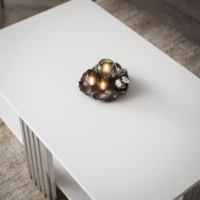 Four Leg Coffee Table with Storage, White, Silver, Solid