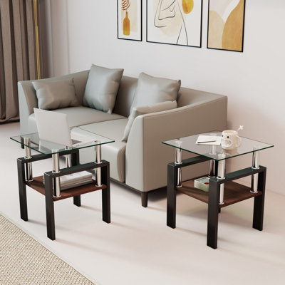 Ensemble de 2 tables à thé modernes en verre trempé, plateau en verre trempé avec panneau de fibres à densité moyenne, table basse, table de bout, table carrée pour le salon, transparent / noir