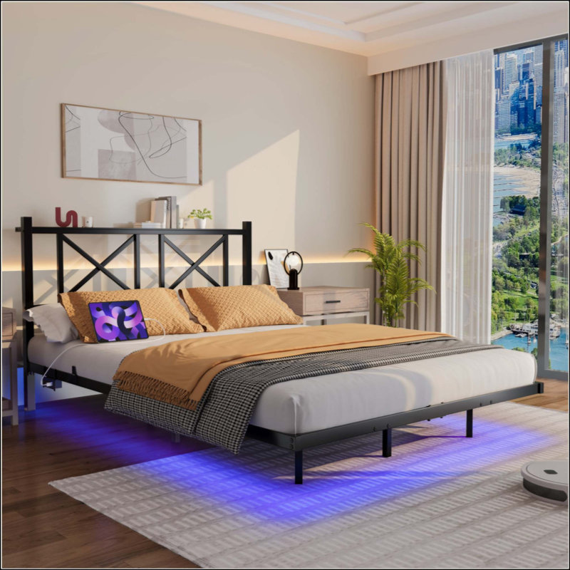 Cadre de lit flottant avec tête de lit et rangement, cadre de lit plateforme avec station de charge USB et lumières DEL, lattes en acier robustes, assemblage facile